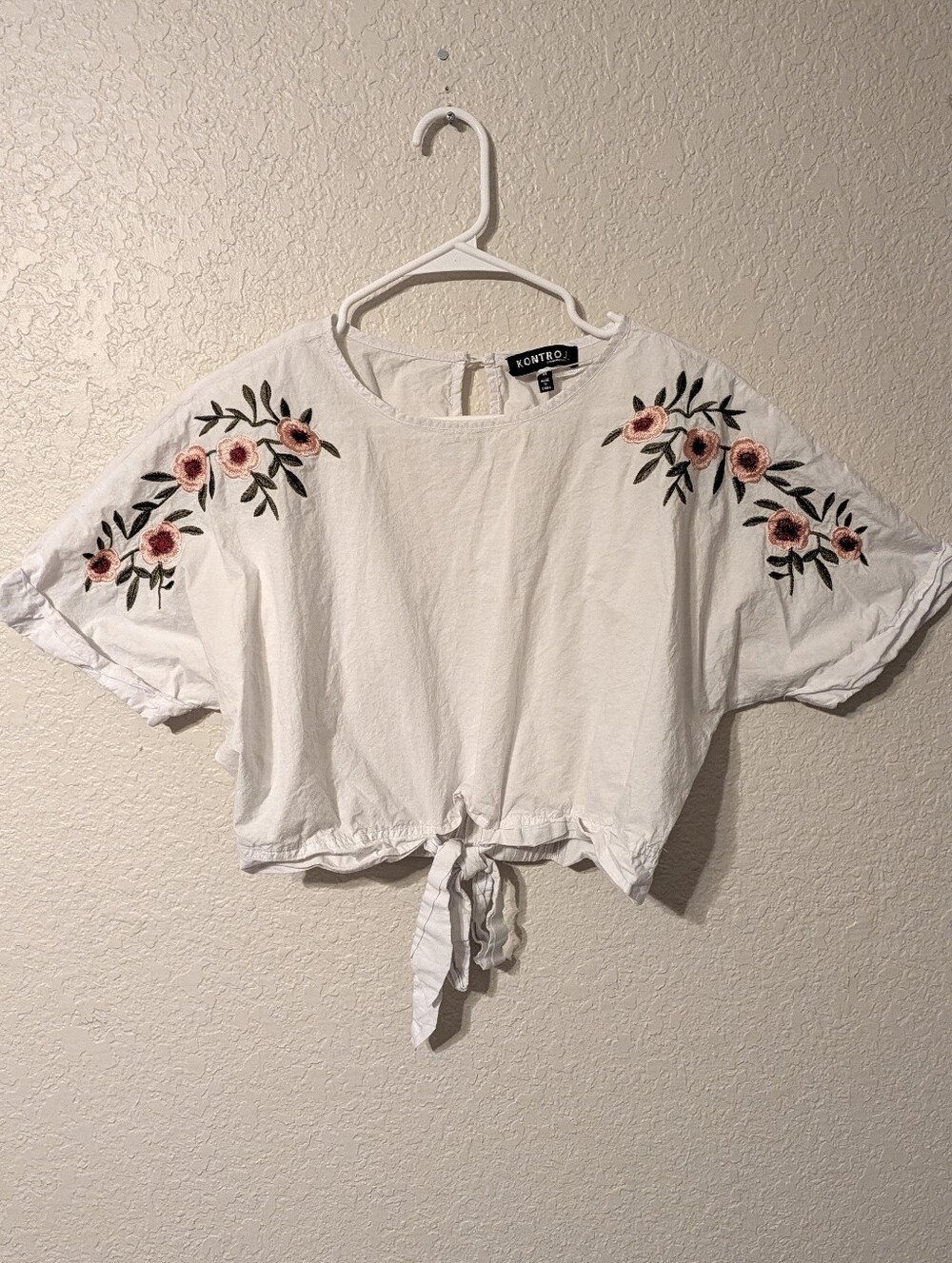 KONTROL White & Pink Floral Embroidery Wide Dolman Sleeve Crop Blouse, Size M
